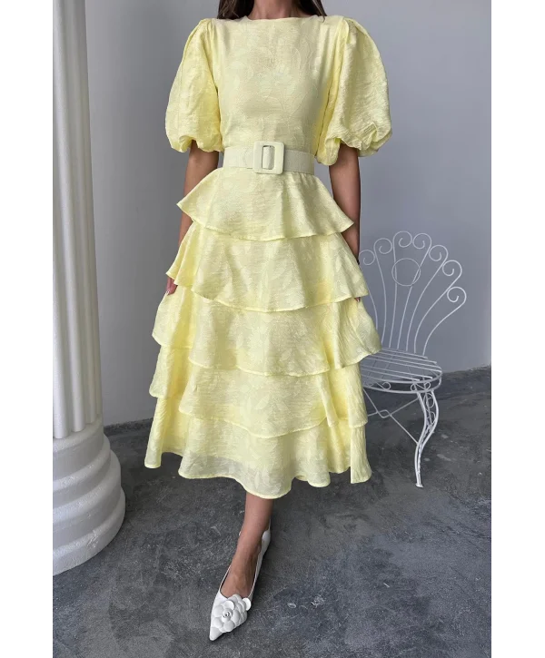 Sarı Kat Kat Balon Kollu Kemerli Elbise