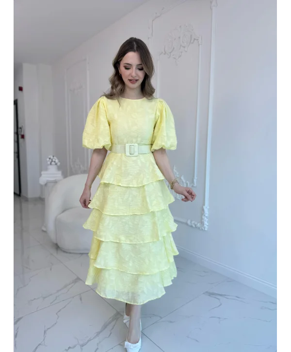 Sarı Kat Kat Balon Kollu Kemerli Elbise