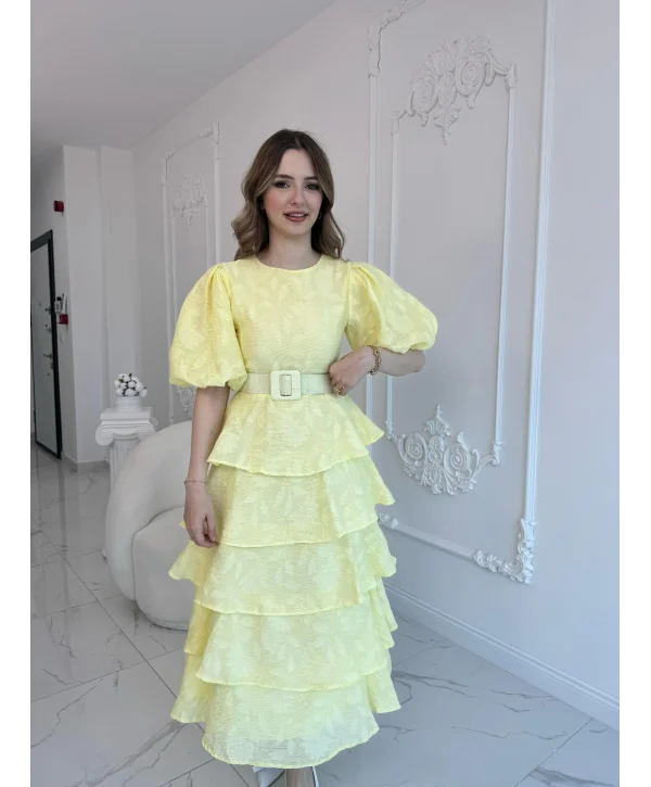 Sarı Kat Kat Balon Kollu Kemerli Elbise