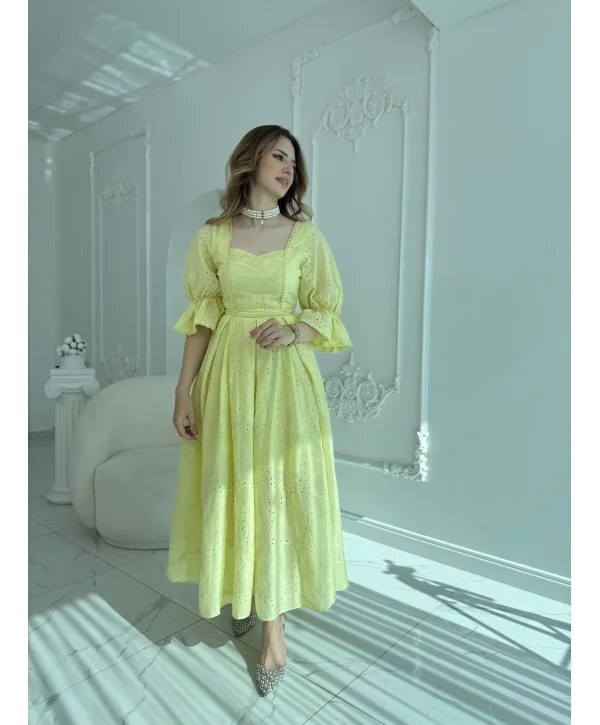 Sarı Kolu Lastikli Brode Prenses Elbise