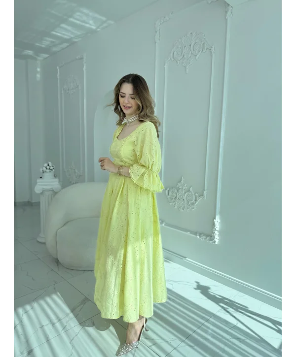 Sarı Kolu Lastikli Brode Prenses Elbise