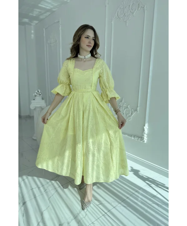 Sarı Kolu Lastikli Brode Prenses Elbise