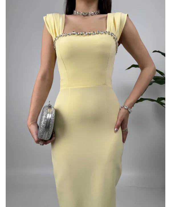 Sarı Maxi boy yaka taş detaylı uzun elbise