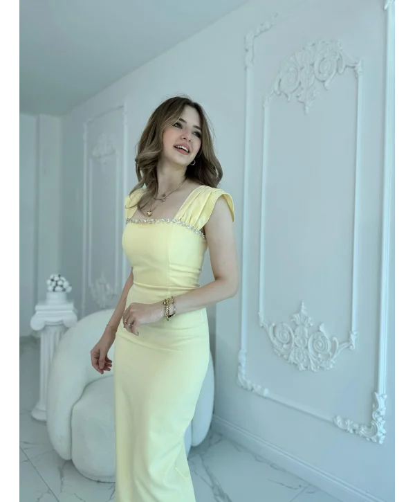 Sarı Maxi boy yaka taş detaylı uzun elbise