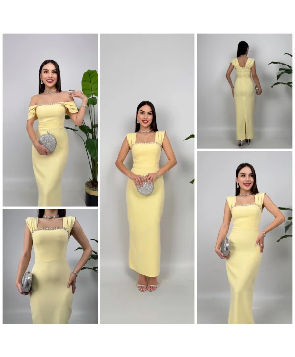 Sarı Maxi boy yaka taş detaylı uzun elbise