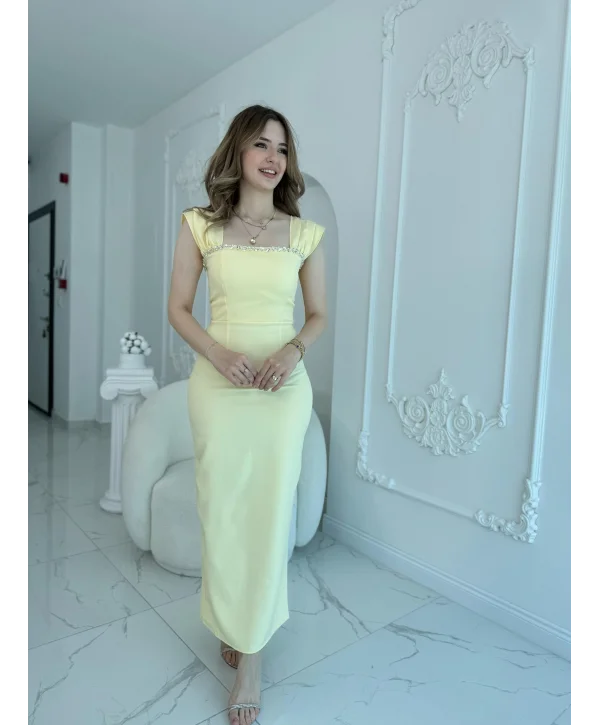 Sarı Maxi boy yaka taş detaylı uzun elbise