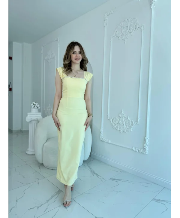 Sarı Maxi boy yaka taş detaylı uzun elbise