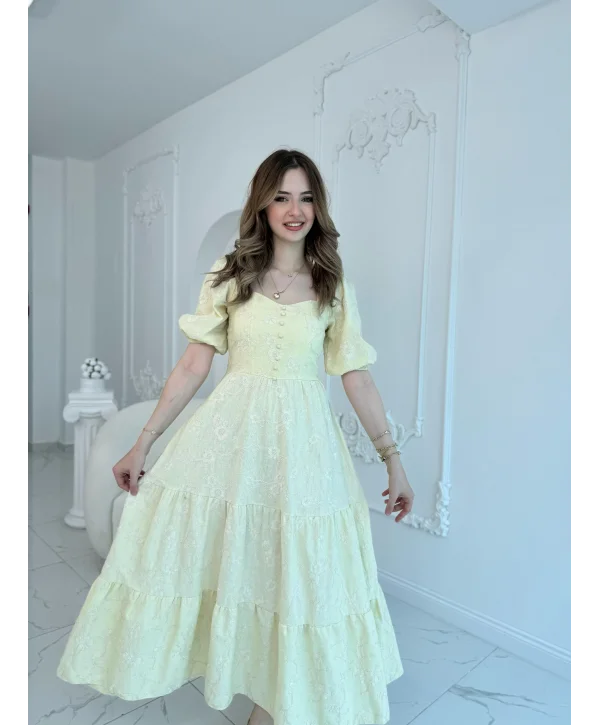 Sarı Süs Düğmeli Balon Kollu Brode Keten Elbise