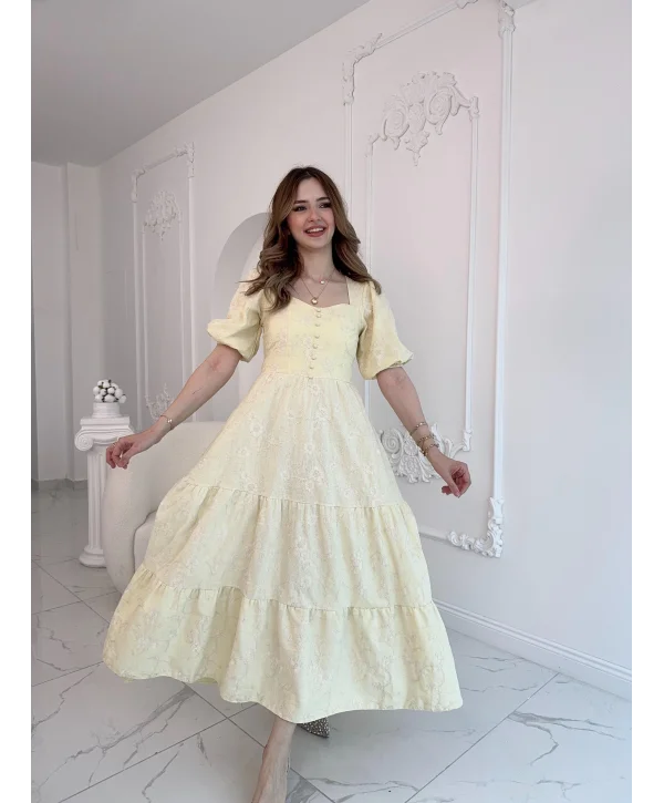 Sarı Süs Düğmeli Balon Kollu Brode Keten Elbise