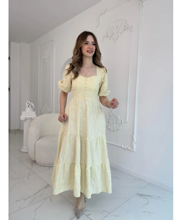 Sarı Süs Düğmeli Balon Kollu Brode Keten Elbise