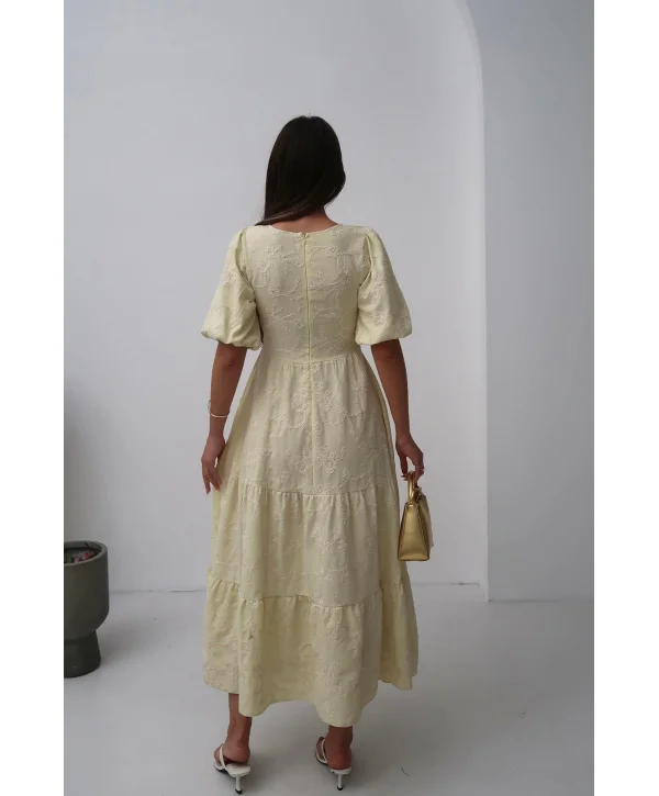 Sarı Süs Düğmeli Balon Kollu Brode Keten Elbise