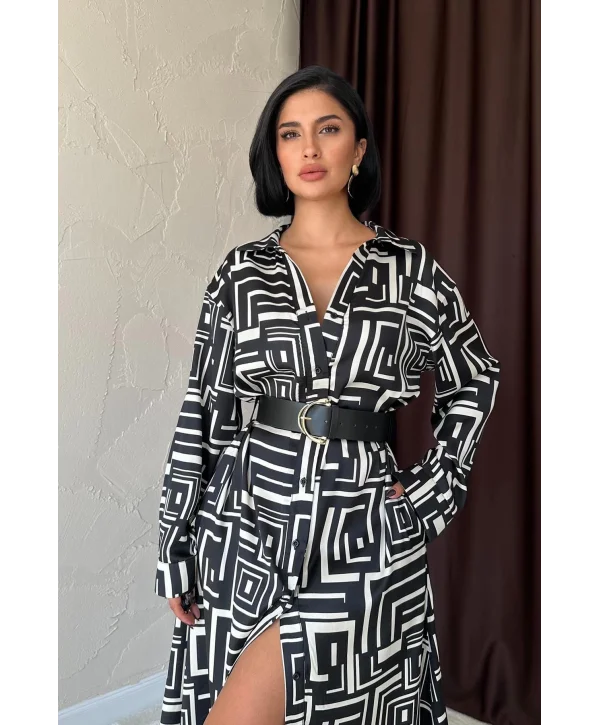 Saten Maxi Boy Kemerli Elbise