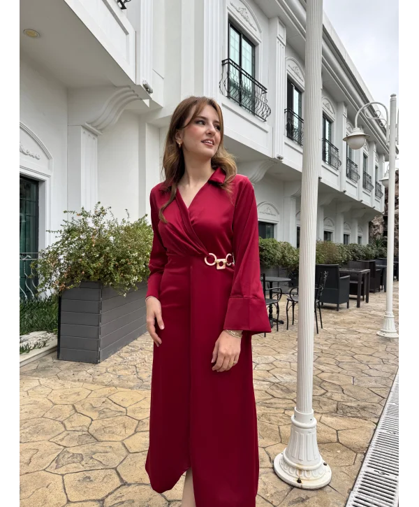 Saten Tam Boy Bel Detaylı Bordo Elbise