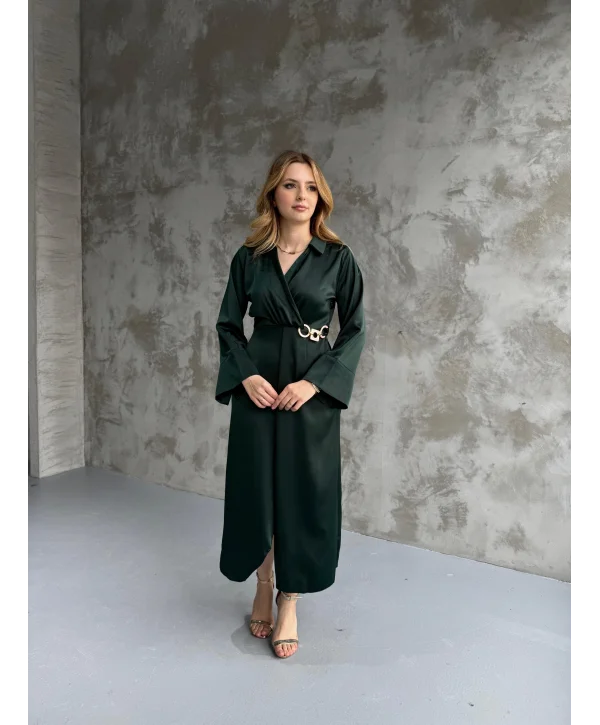 Saten Tam Boy Bel Detaylı Zümrüt Elbise