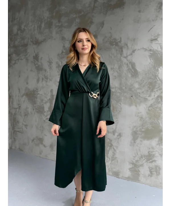 Saten Tam Boy Bel Detaylı Zümrüt Elbise