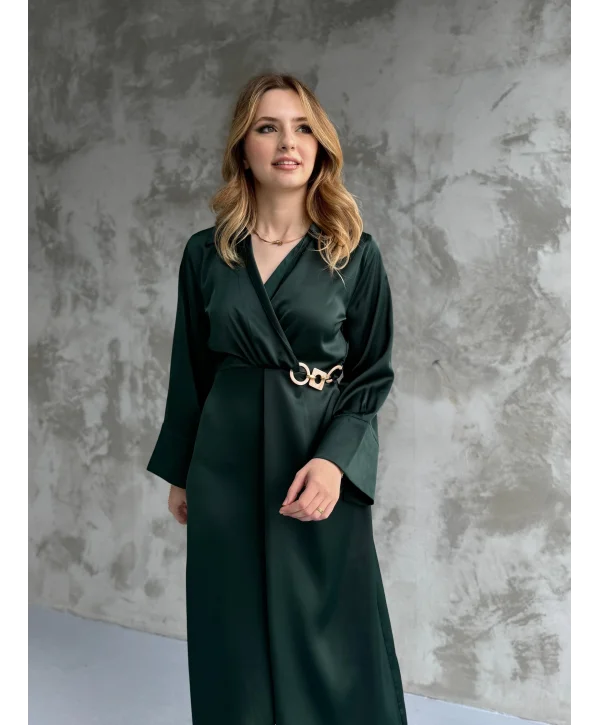 Saten Tam Boy Bel Detaylı Zümrüt Elbise