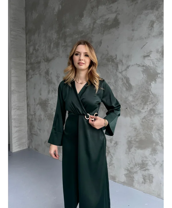 Saten Tam Boy Bel Detaylı Zümrüt Elbise
