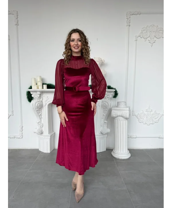 Şerit Tül Detaylı Kemerli Kadife Bordo Elbise