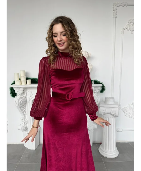 Şerit Tül Detaylı Kemerli Kadife Bordo Elbise