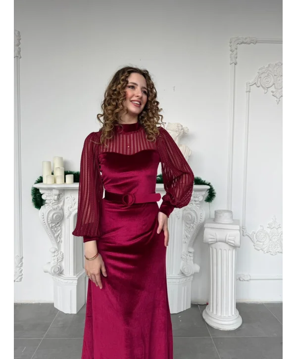 Şerit Tül Detaylı Kemerli Kadife Bordo Elbise