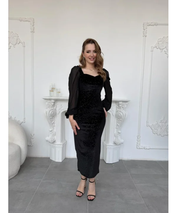 Şifon Kol Detaylı Sim Işıltılı Kadife Siyah Elbise