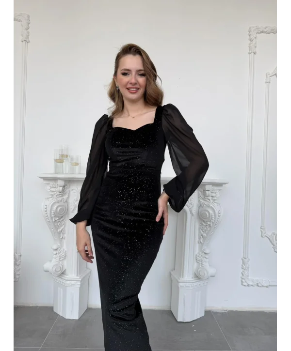 Şifon Kol Detaylı Sim Işıltılı Kadife Siyah Elbise