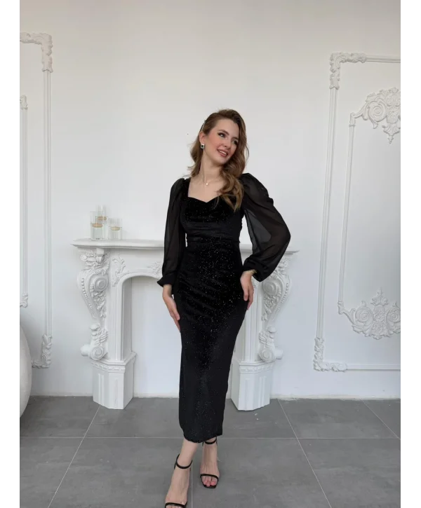 Şifon Kol Detaylı Sim Işıltılı Kadife Siyah Elbise