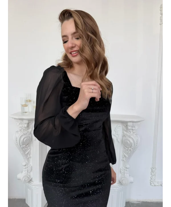 Şifon Kol Detaylı Sim Işıltılı Kadife Siyah Elbise