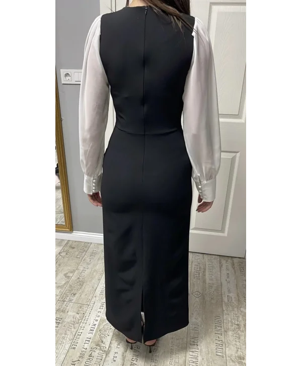 Şifon Kollu Atlas Kumaş Elegant Siyah Elbise