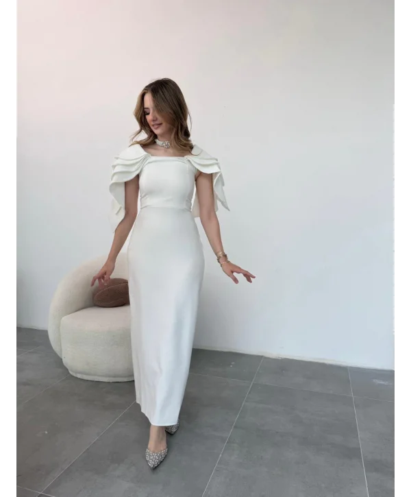 Şık Kat Detaylı Angel Model Beyaz Elbise