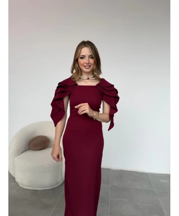 Şık Kat Detaylı Angel Model Bordo Elbise
