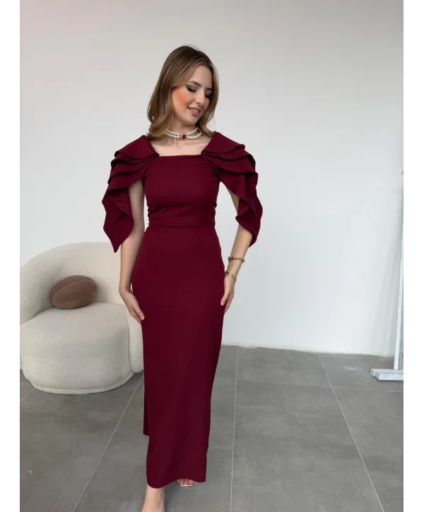 Şık Kat Detaylı Angel Model Bordo Elbise