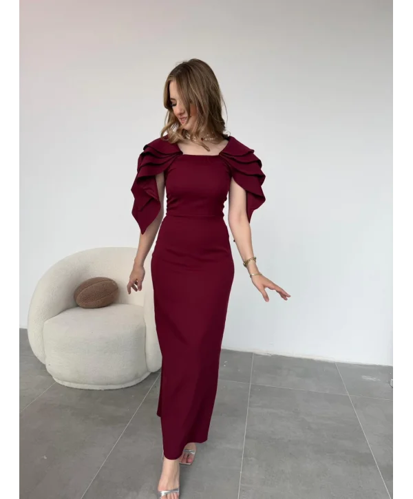 Şık Kat Detaylı Angel Model Bordo Elbise