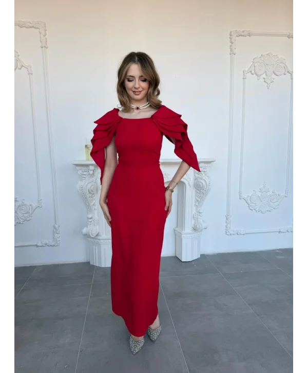 Şık Kat Detaylı Angel Model Kırmızı Elbise
