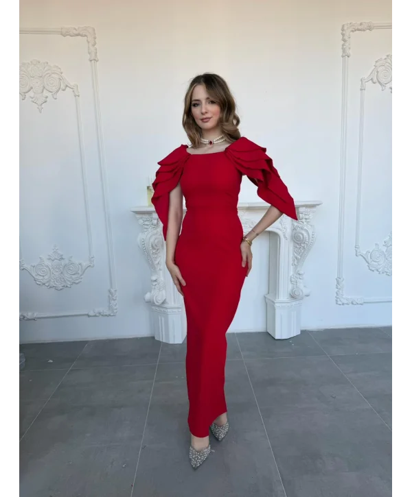Şık Kat Detaylı Angel Model Kırmızı Elbise