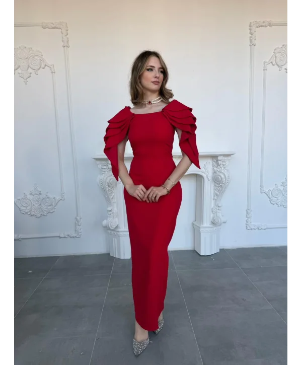 Şık Kat Detaylı Angel Model Kırmızı Elbise