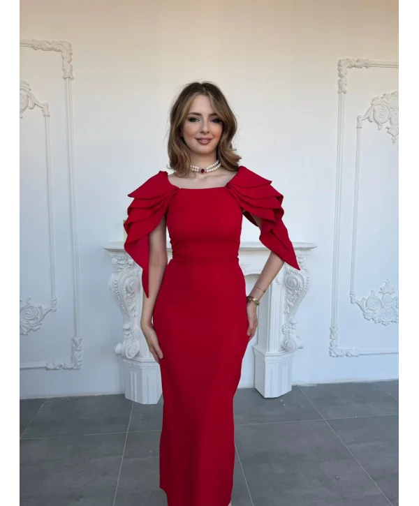 Şık Kat Detaylı Angel Model Kırmızı Elbise