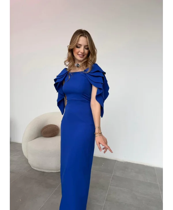 Şık Kat Detaylı Angel Model Saks Elbise