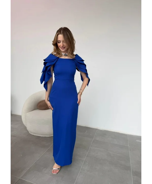 Şık Kat Detaylı Angel Model Saks Elbise