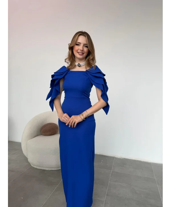 Şık Kat Detaylı Angel Model Saks Elbise