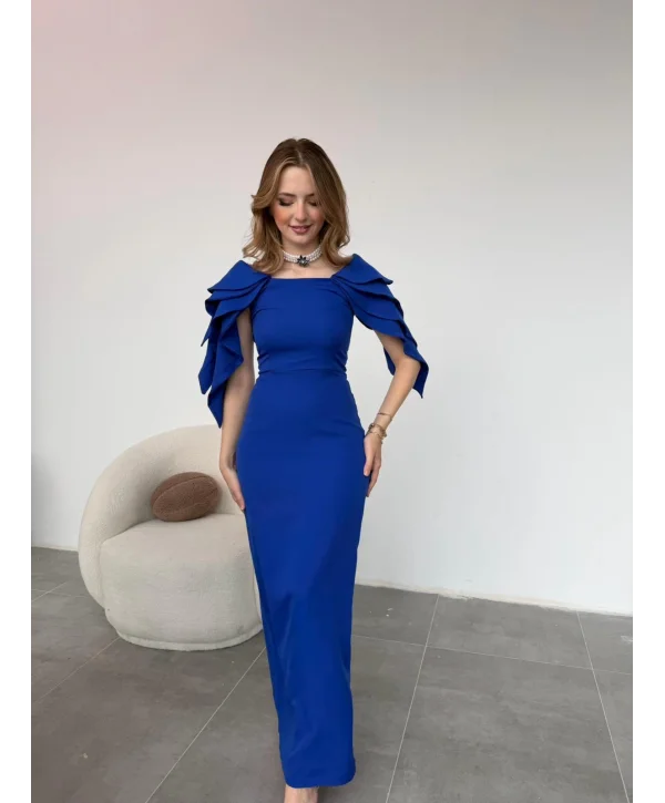 Şık Kat Detaylı Angel Model Saks Elbise