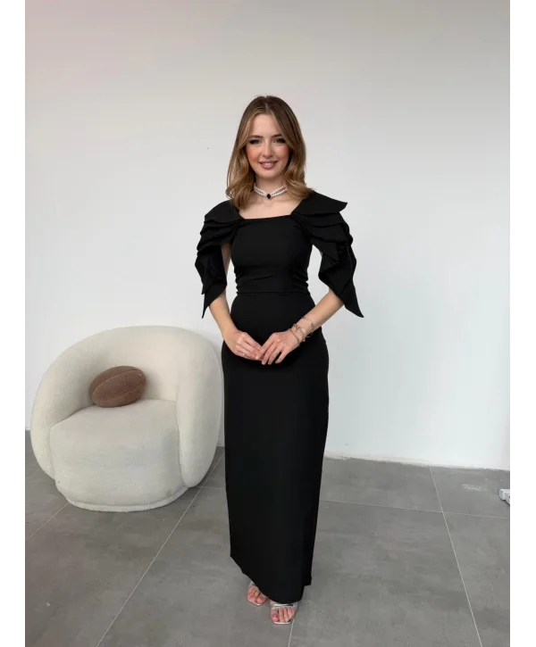 Şık Kat Detaylı Angel Model Siyah Elbise