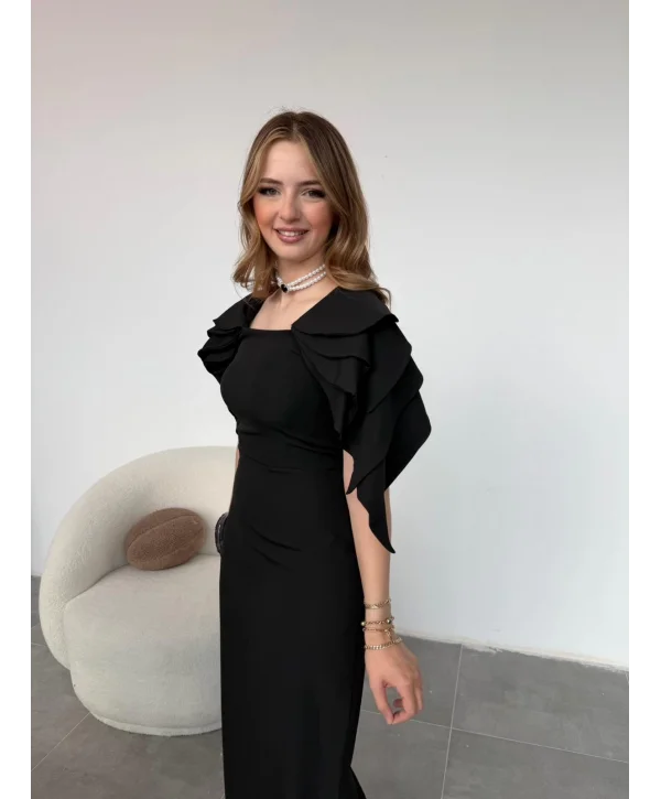 Şık Kat Detaylı Angel Model Siyah Elbise