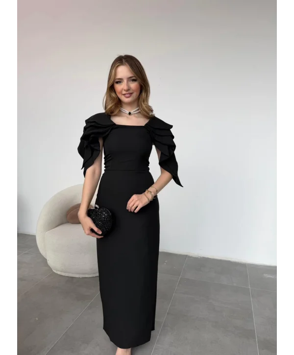 Şık Kat Detaylı Angel Model Siyah Elbise