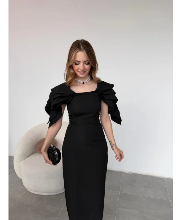 Şık Kat Detaylı Angel Model Siyah Elbise