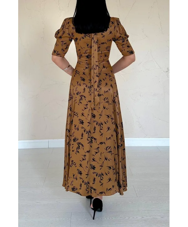 Sırt Bağlama Detaylı Desenli Maxi Boy Vizon Saten Elbise