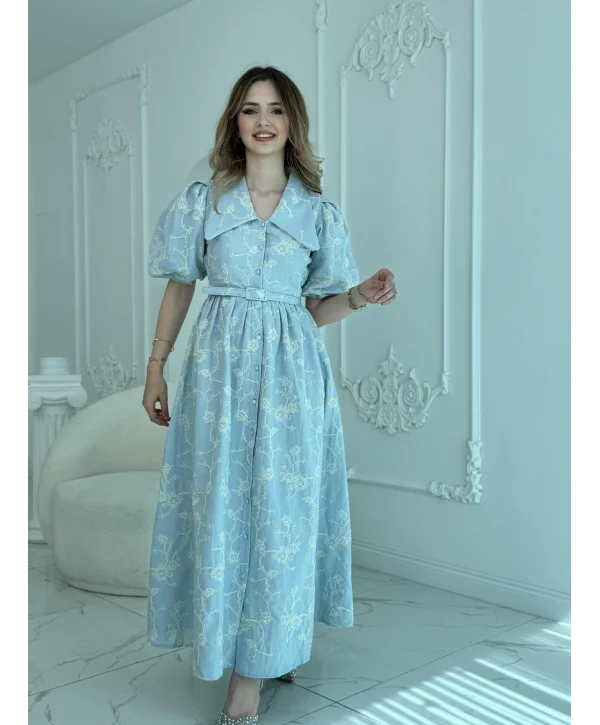 Sivri Bebe Yaka Balon Kollu Mavi Brode Elbise