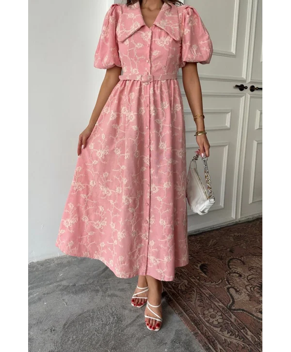 Sivri Bebe Yaka Balon Kollu Pembe Brode Elbise