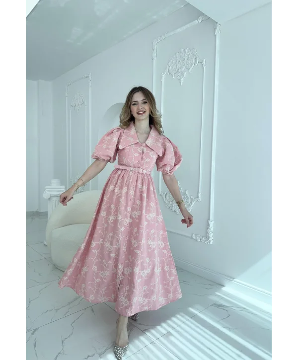 Sivri Bebe Yaka Balon Kollu Pembe Brode Elbise
