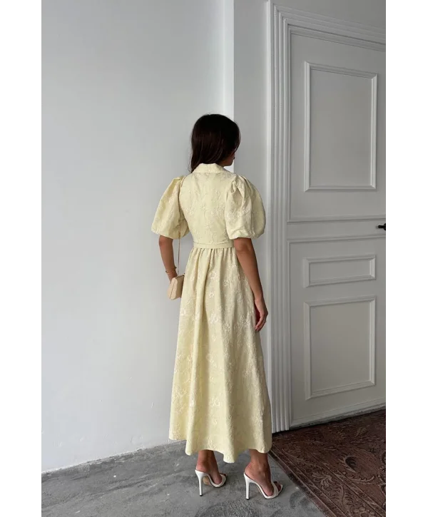 Sivri Bebe Yaka Balon Kollu Sarı Brode Elbise